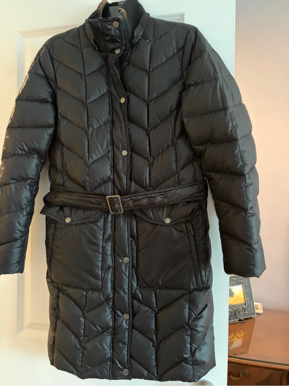 Lands' End Black Quilted Belted Puffer Coat